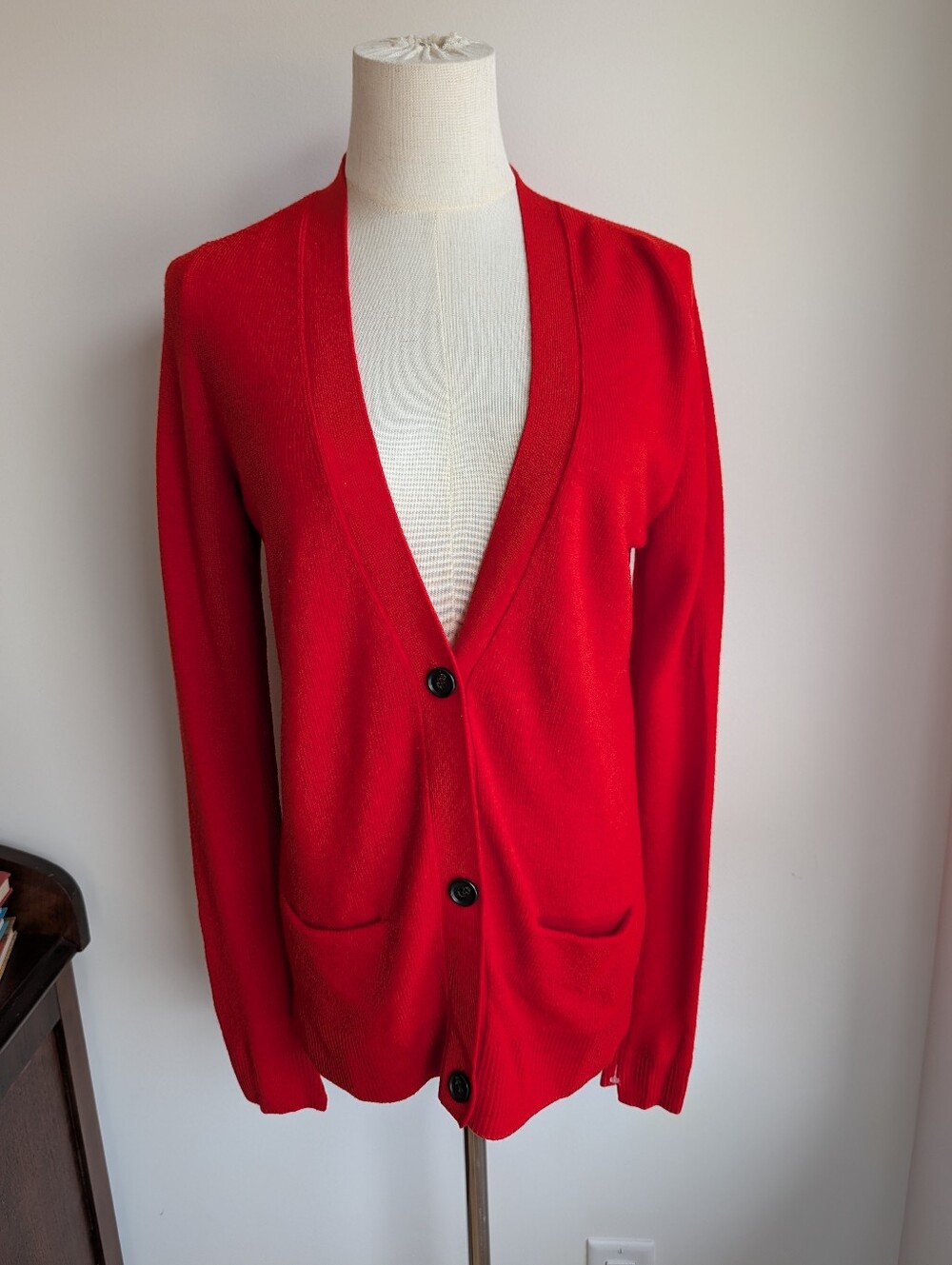 Red Wool Blend V Neck Cardigan Sweater